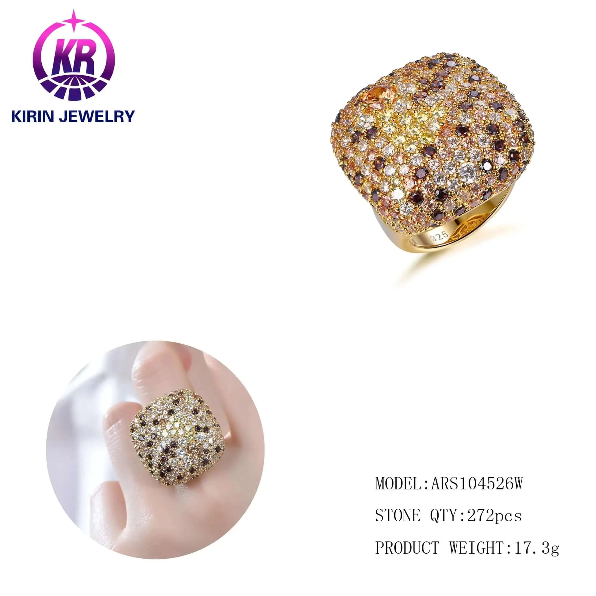 Custom Silver Gold Plated Round Colorful CZ Statement Pave Engagement Rings for Women