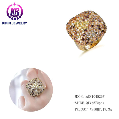 Custom Silver Gold Plated Round Colorful CZ Statement Pave Engagement Rings for Women