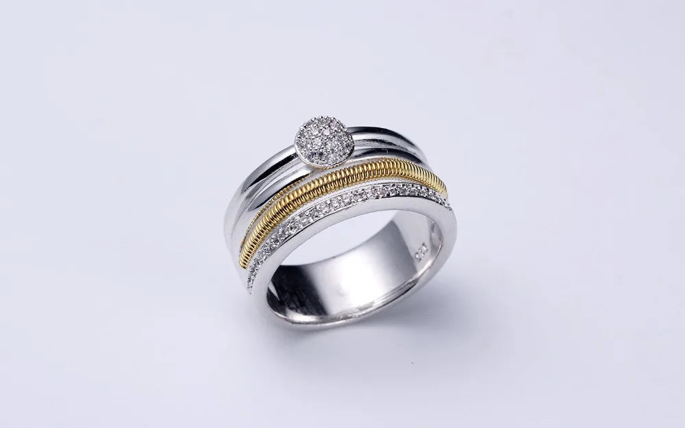 Custom Silver Gold & White Gold Cubic Zircon Dual Color Statement Band Ring