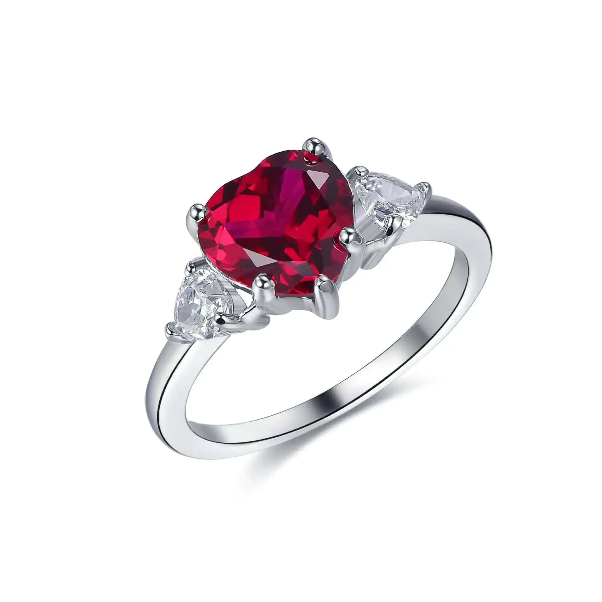 Custom Silver Heart Shape 3 Stone Vintage Ruby Engagement Rings