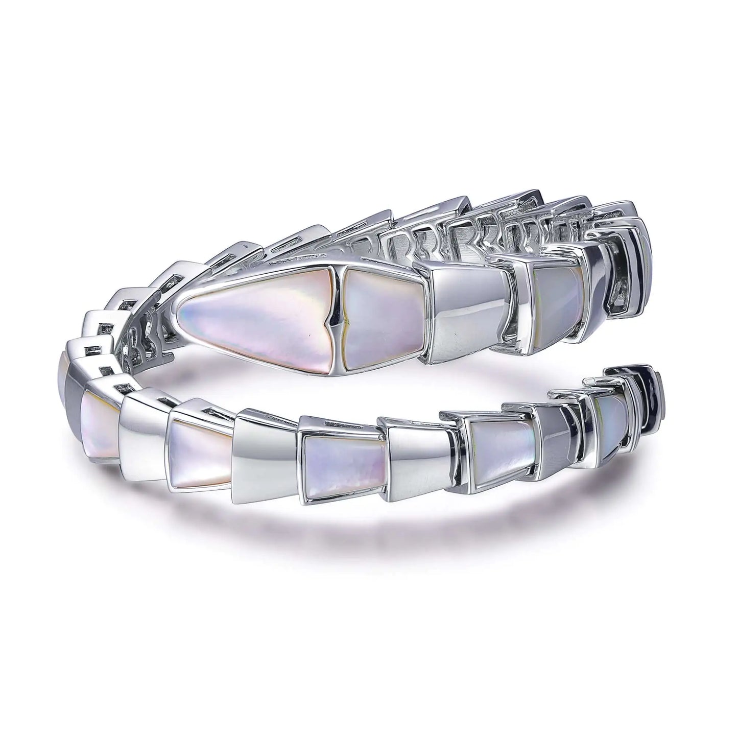 Custom Silver Mother of Pearl Statement Open Snake Design Bangle
