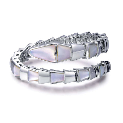 Custom Silver Mother of Pearl Statement Open Snake Design Bangle