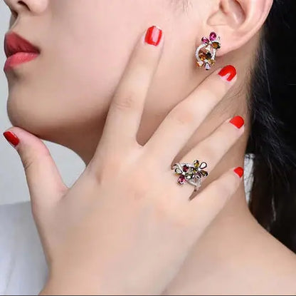 Custom Silver Mult-Color Gemstone Tear Drop Flower Bridal Jewelry Sets for Women