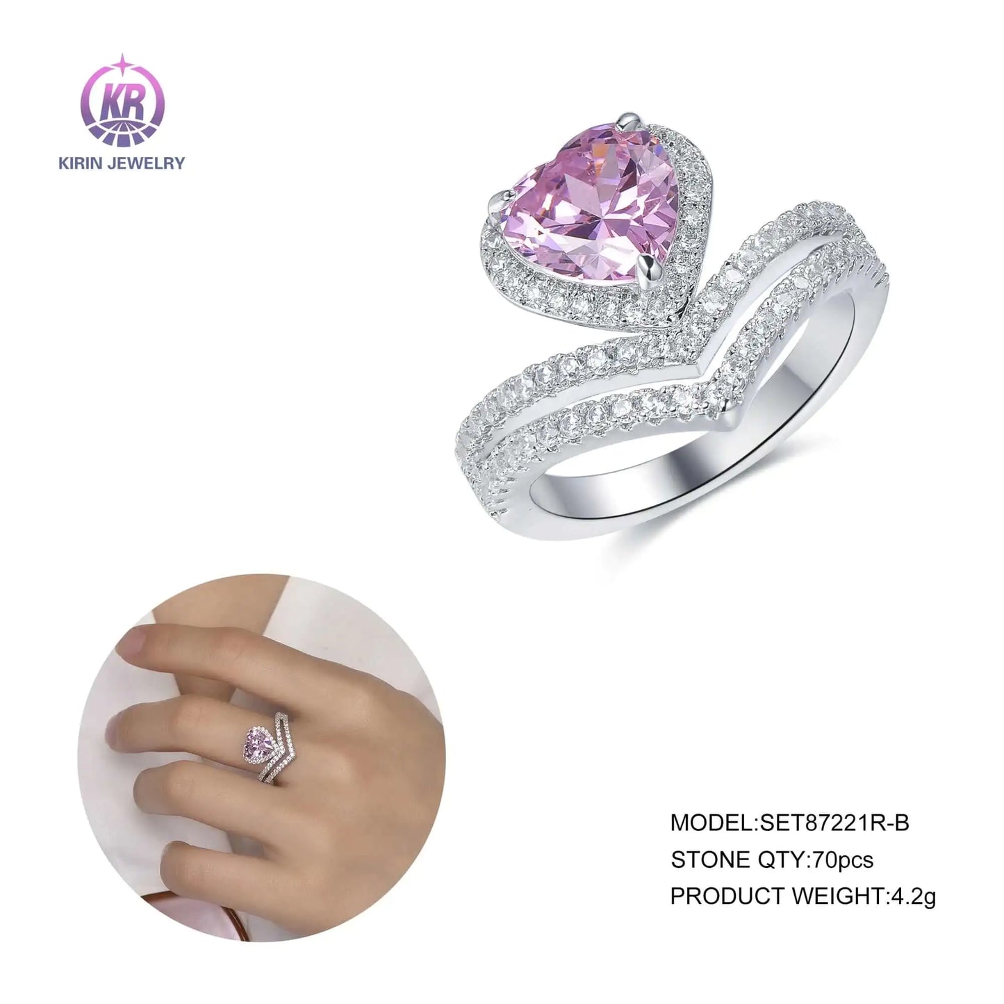 Custom Silver Pave CZ Pointed Chevron Statement Pink Heart Shaped Engagement Rings for Women