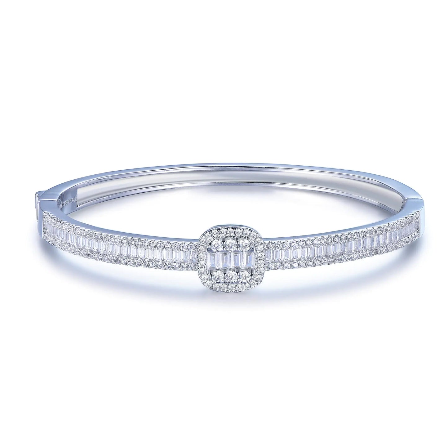Custom Silver Paved CZ Square Accent Simple Bangles