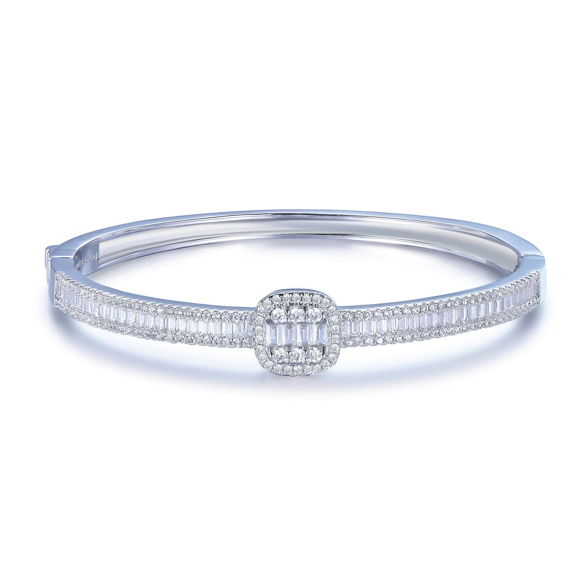 Custom Silver Paved CZ Square Accent Simple Bangles