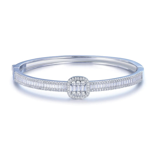 Custom Silver Paved CZ Square Accent Simple Bangles