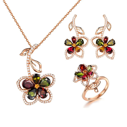 Custom Silver Rose Gold Plated CZ & Corundum Colorful Floral Bridal Jewelry Sets