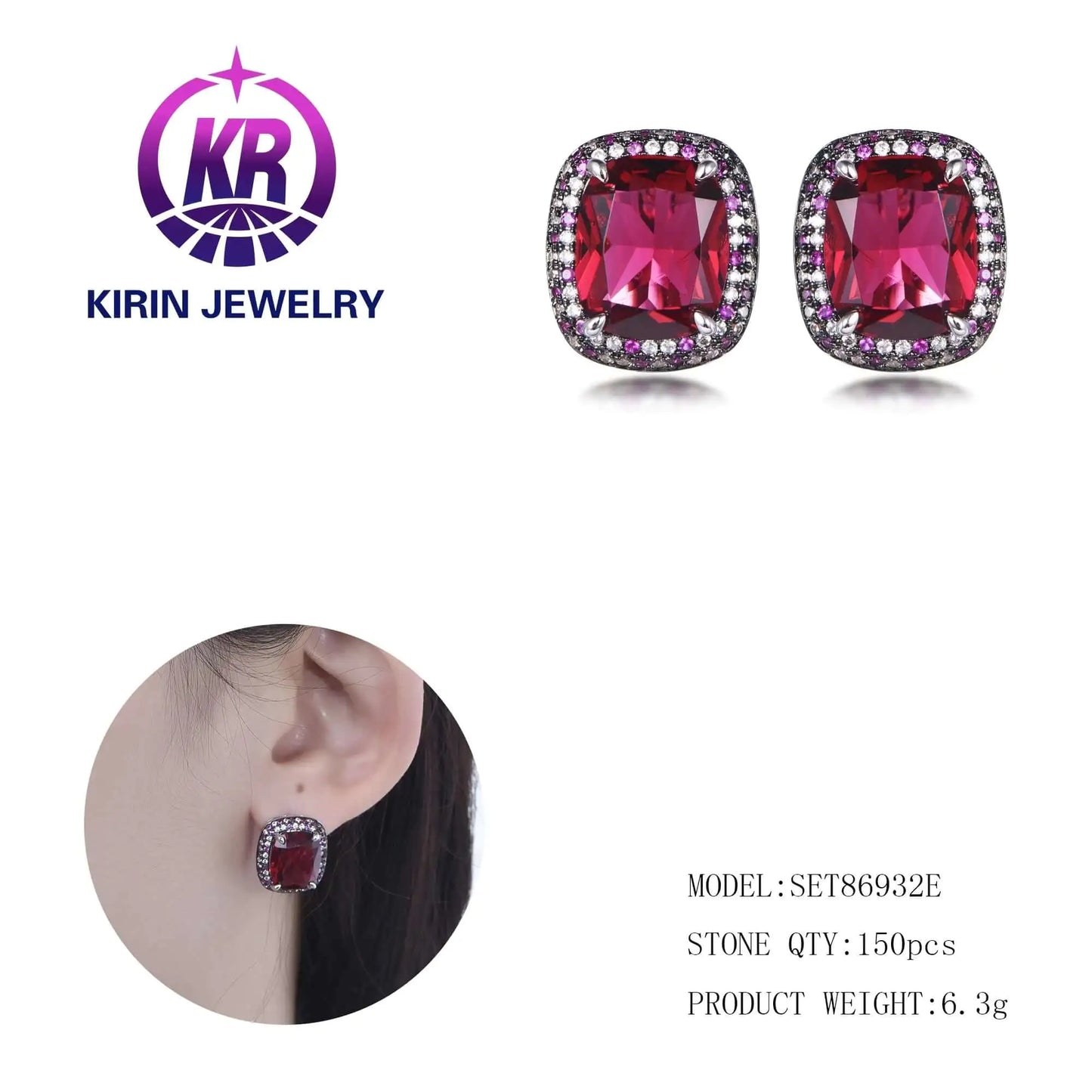 Custom Silver Rose Gold Plated CZ & Corundum Earrings Lab Created Ruby Jewelry Sets