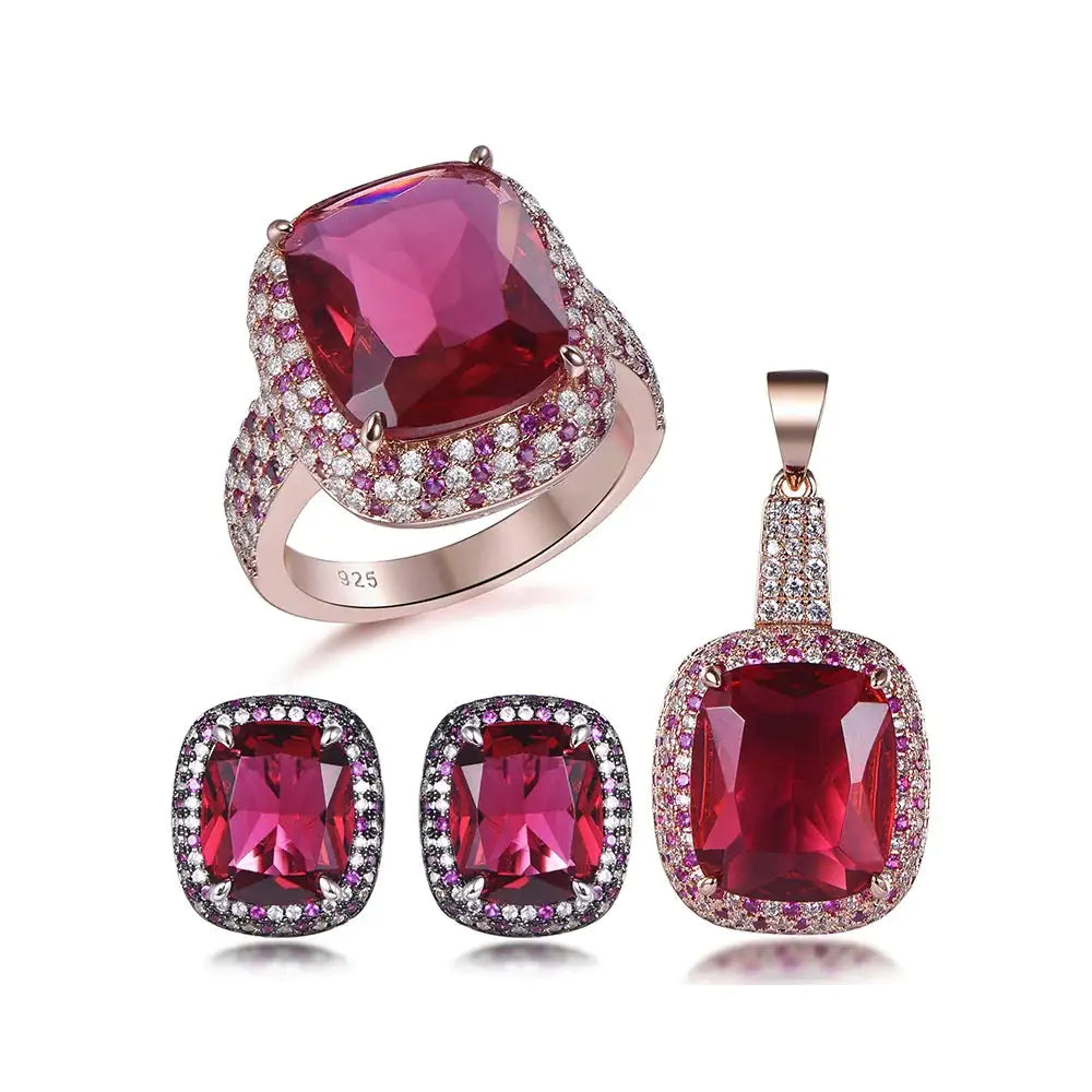 Custom Silver Rose Gold Plated CZ & Corundum Lab Created Ruby Jewelry Sets