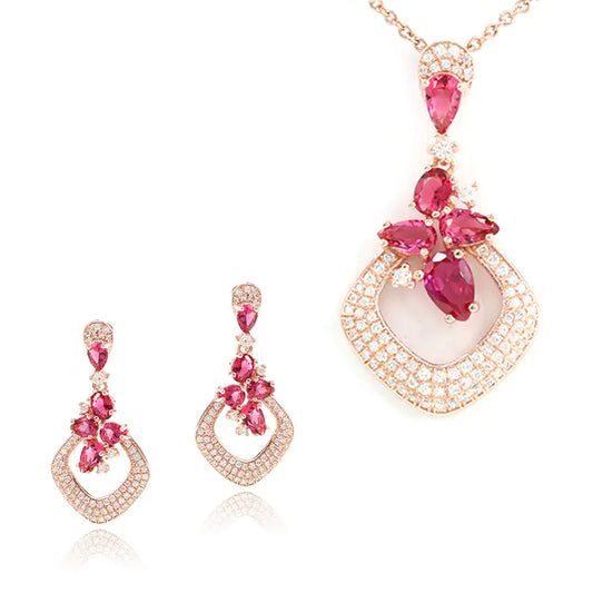 Custom Silver Rose Gold Plated CZ & Corundum Pink Jewelry Set