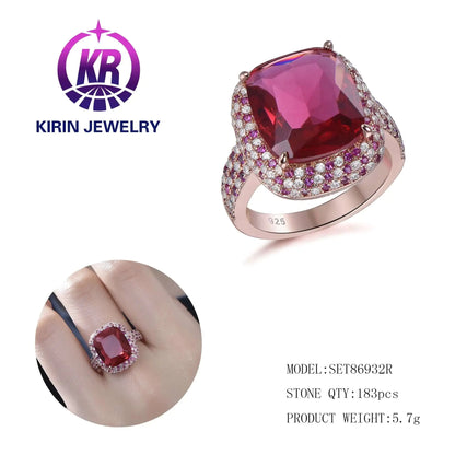 Custom Silver Rose Gold Plated CZ & Corundum Ring Lab Created Ruby Jewelry Sets