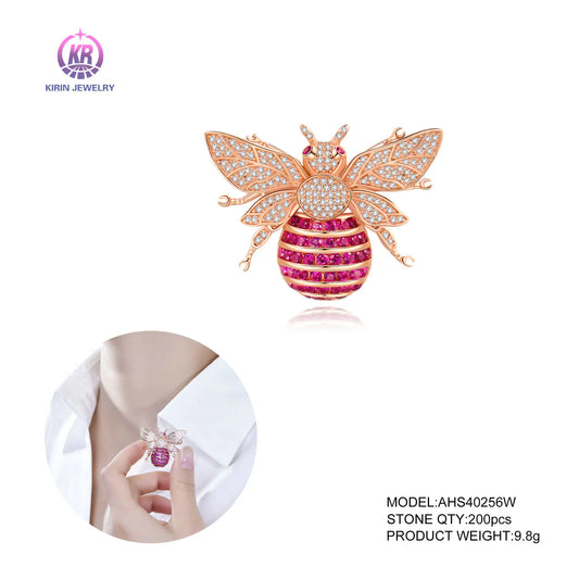 Custom Silver Rose Gold Plated CZ & Corundum & Spinel Red Bee Pins Brooches for Women