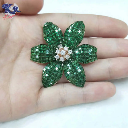 Custom Silver Rose Gold Plated Cubic Zirconia & Spinel Green Crystal Flower Brooch for Women