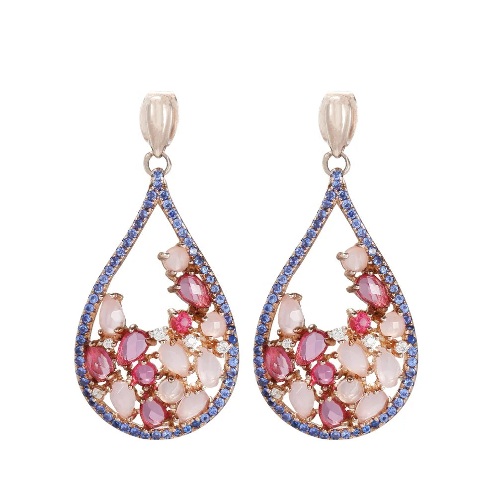 Custom Silver Rose Gold Plated CZ & Spinel Multi Color Earrings Teardrop Jewelry Set