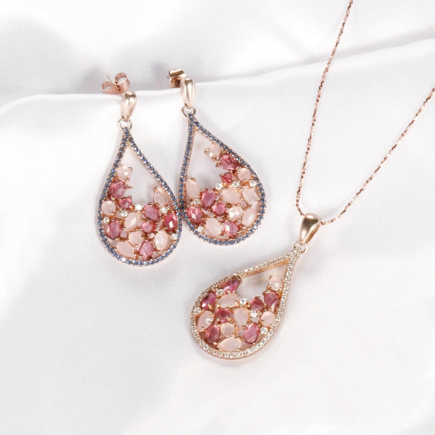 Custom Silver Rose Gold Plated CZ & Spinel Multi Color Teardrop Jewelry Set