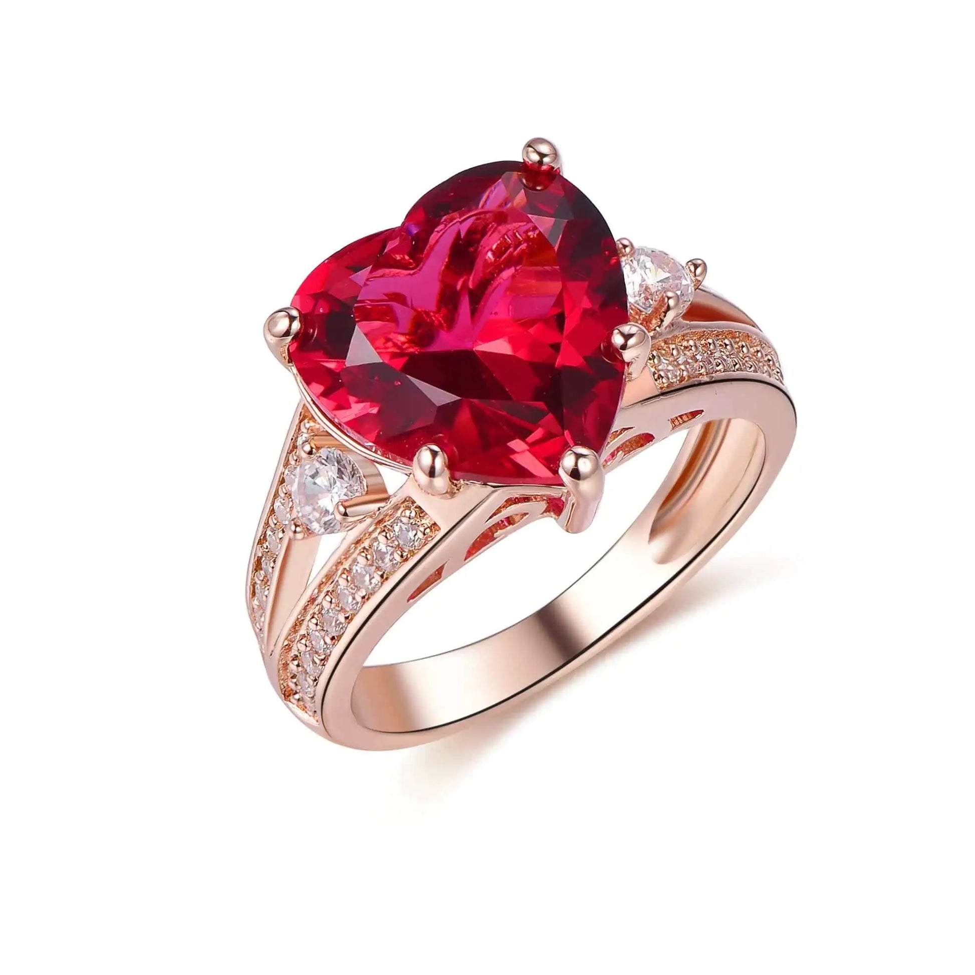 Custom Silver Rose Gold Plated CZ and Corundum Split Shank Created Ruby Heart Engagement Rings