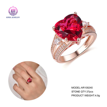 Custom Silver Rose Gold Plated CZ and Corundum Split Shank Created Ruby Heart Engagement Rings for Women