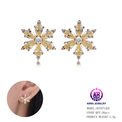 Custom Silver Rose Gold Plated Cubic Zircon Earrings Yellow Snowflake Bridal Jewelry Set​