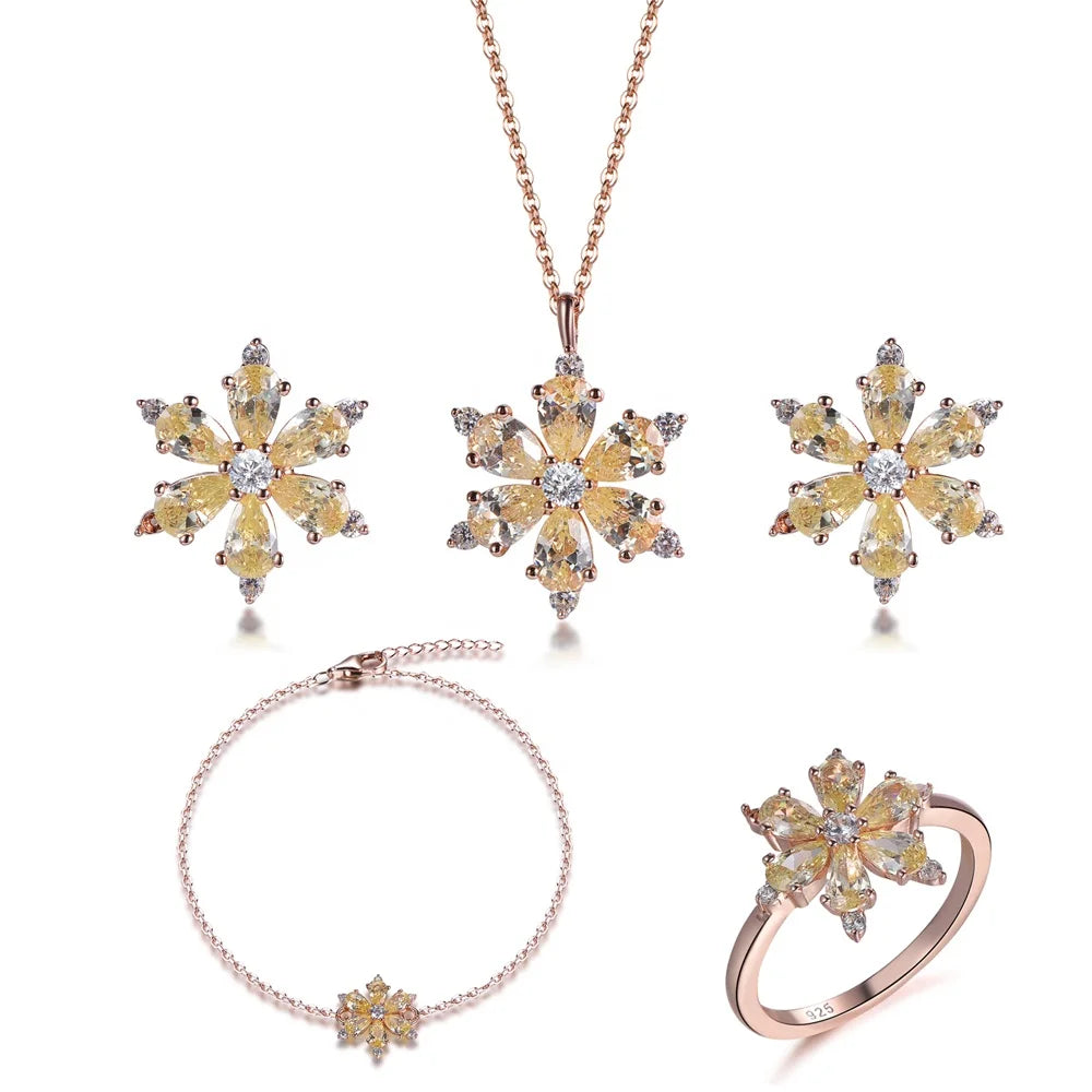 Custom Silver Rose Gold Plated Cubic Zircon Yellow Snowflake Bridal Jewelry Set​