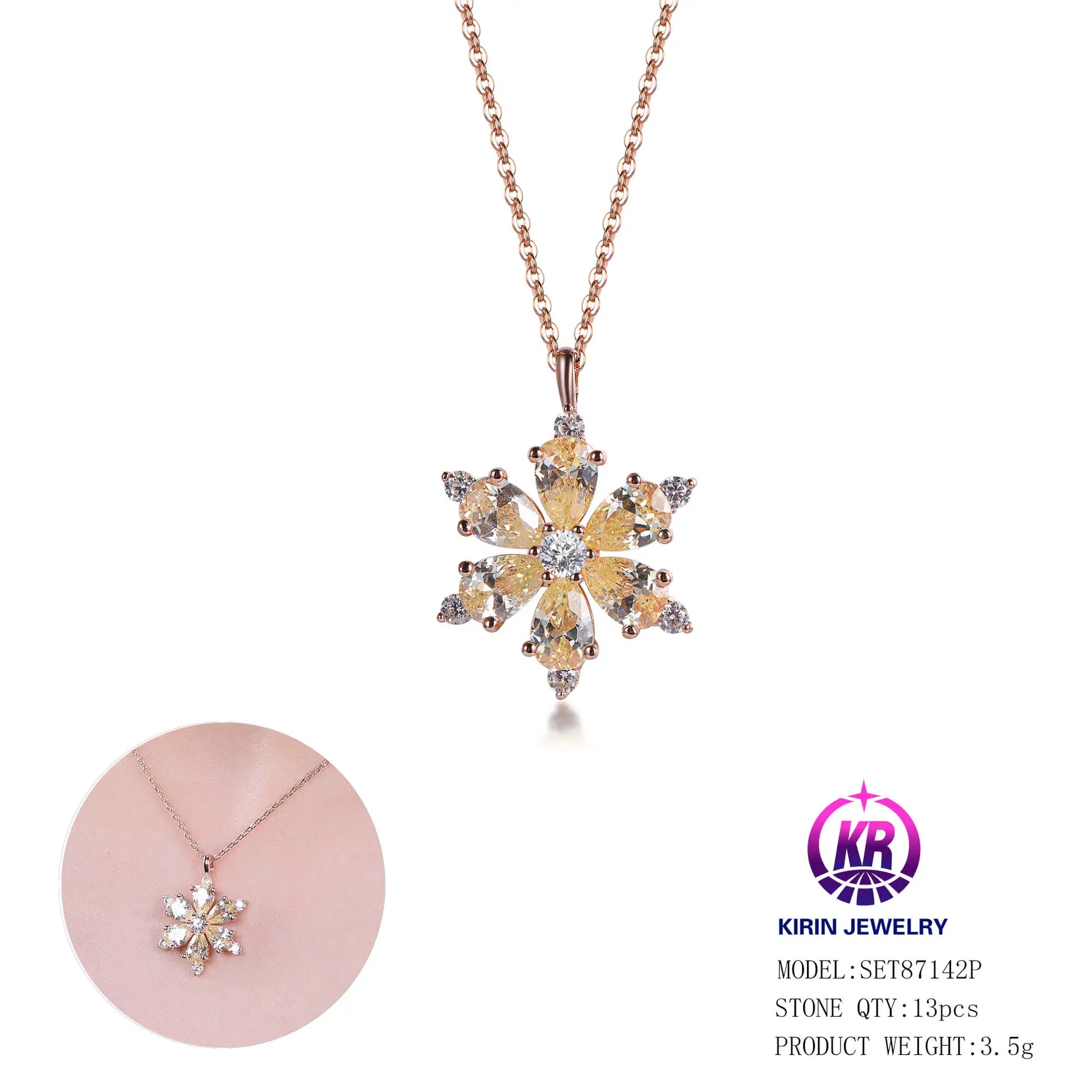 Custom Silver Rose Gold Plated Cubic Zircon Yellow Snowflake Bridal Jewelry Set​