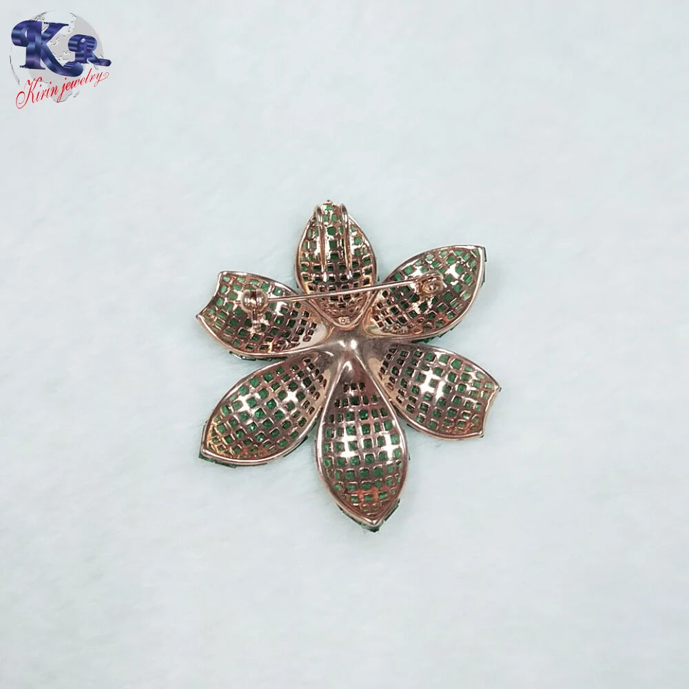 Custom Silver Rose Gold Plated Green Crystal Flower Brooch