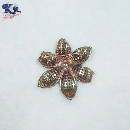 Custom Silver Rose Gold Plated Green Crystal Flower Brooch