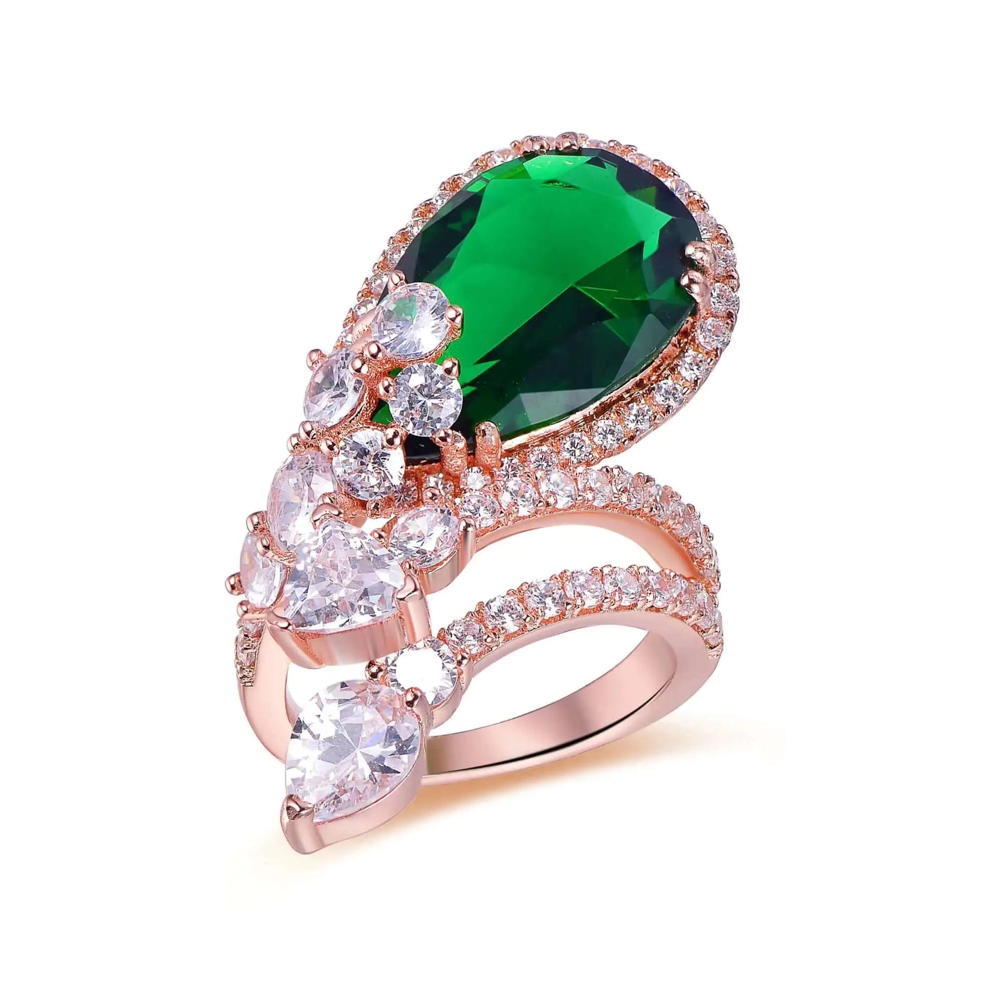 Custom Silver Rose Gold Plated Statement CZ and Pear Shaped Emerald Engagement Ring