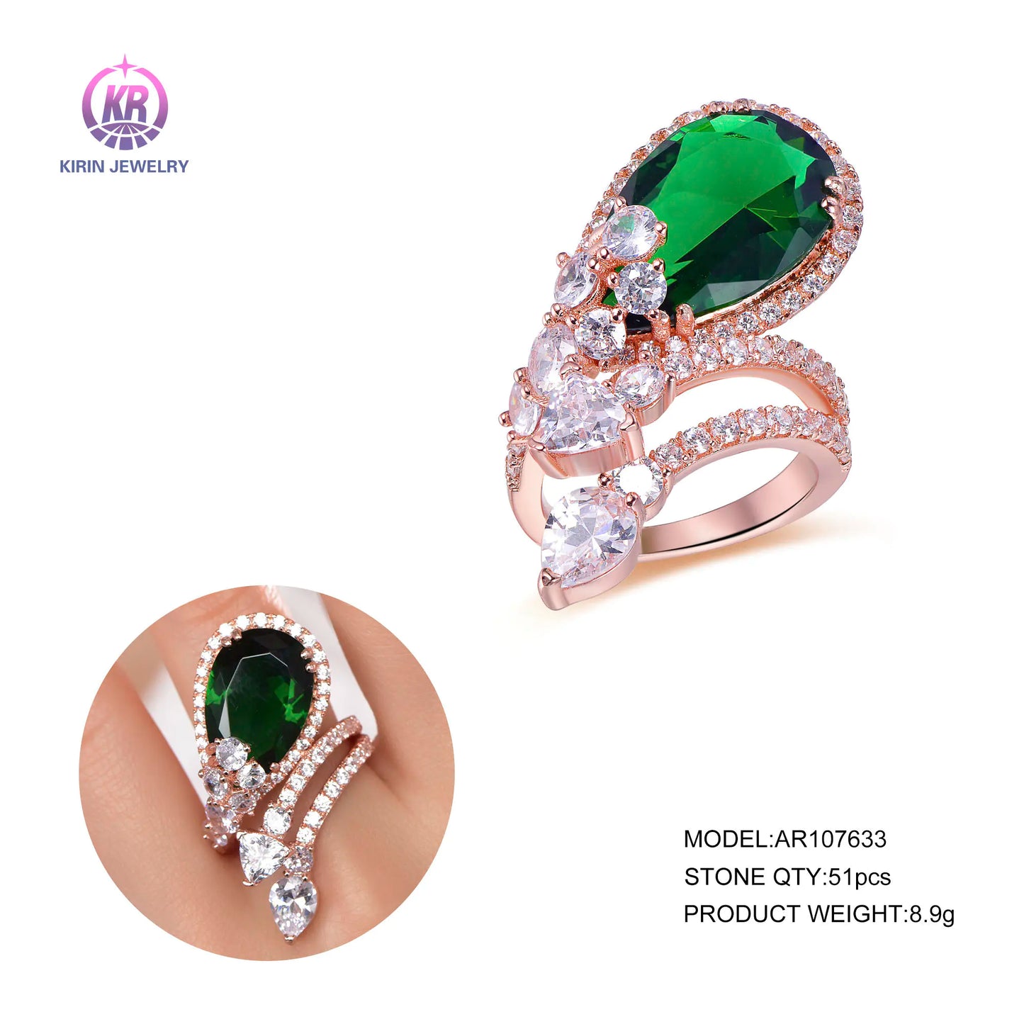 Custom Silver Rose Gold Plated Statement CZ and Pear Shaped Emerald Engagement Ring for Women
