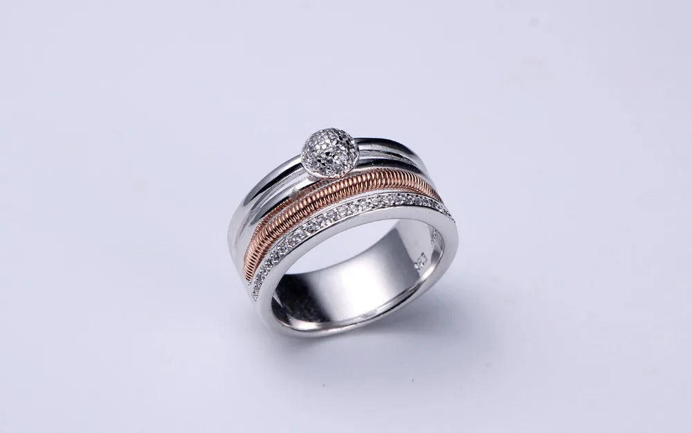 Custom Silver Rose Gold & White Gold Cubic Zircon Dual Color Statement Band Ring