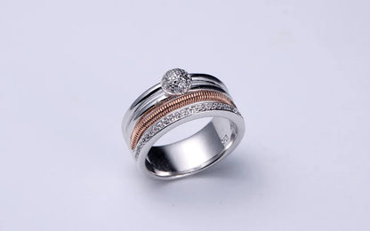 Custom Silver Rose Gold & White Gold Cubic Zircon Dual Color Statement Band Ring