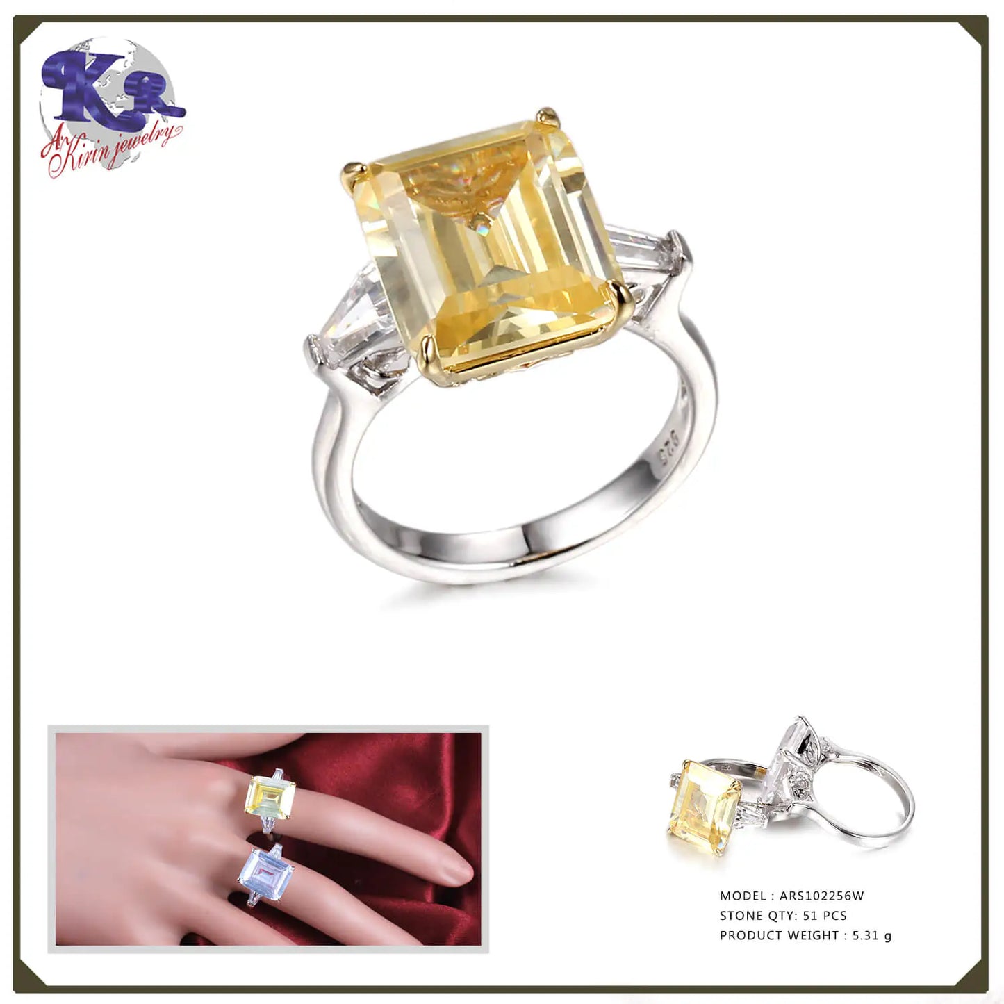 Custom Silver Square Cut Yellow CZ Simple Engagement Ring for Women