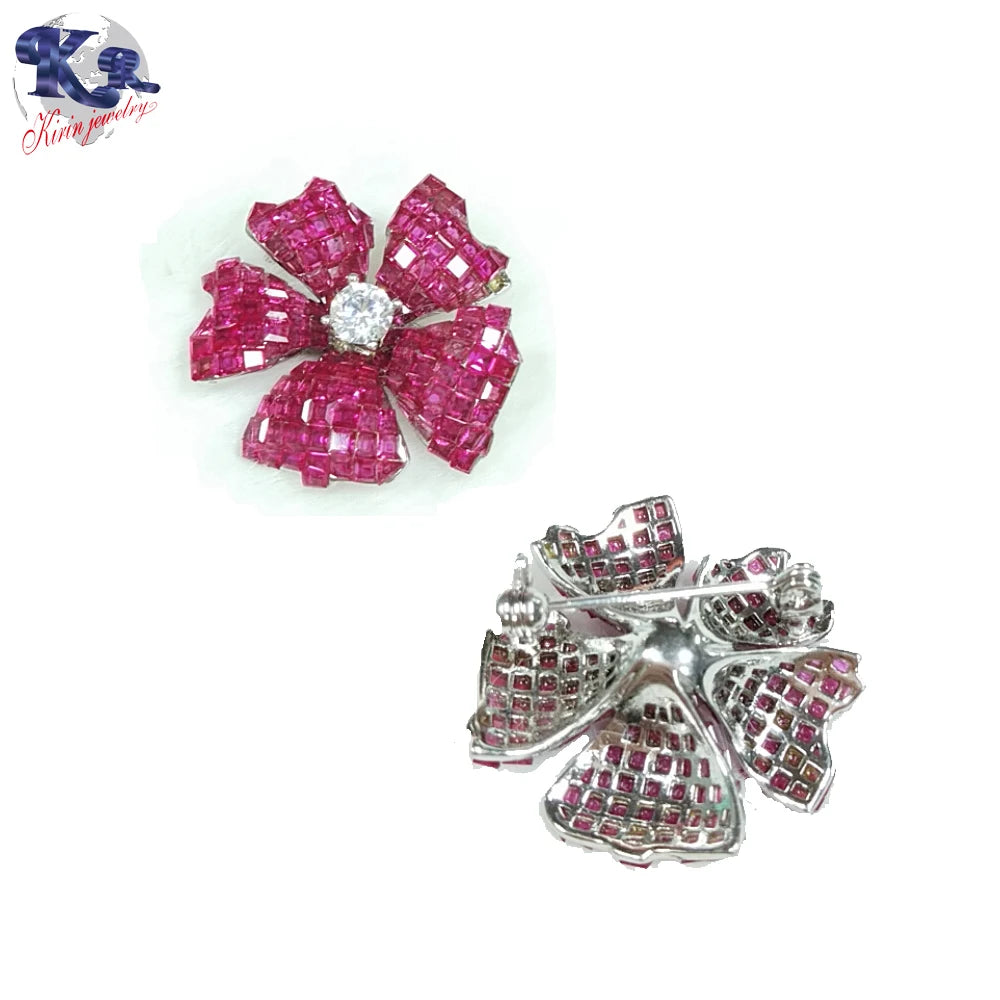 Custom Silver Unique Design Lab Created Ruby Floral Brooch