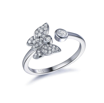 Elegant butterfly shaped white zircon open shank ring 925 sterling silver animal women jewelry adjustable ring Kirin Jewelry