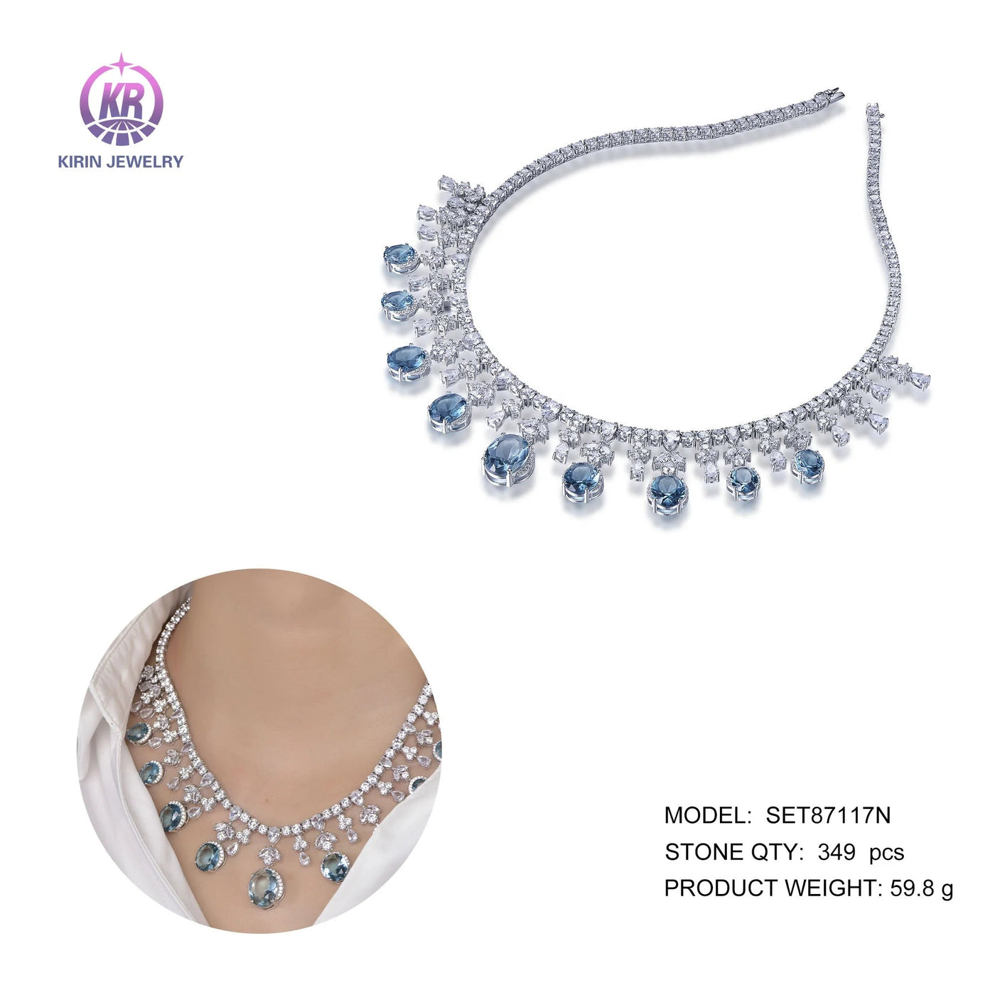 Fine Jewelry Necklaces 5A Cubic Zirconia Classic Tennis Necklace Moissanite Aquamarine Crystal Necklace Kirin Jewelry