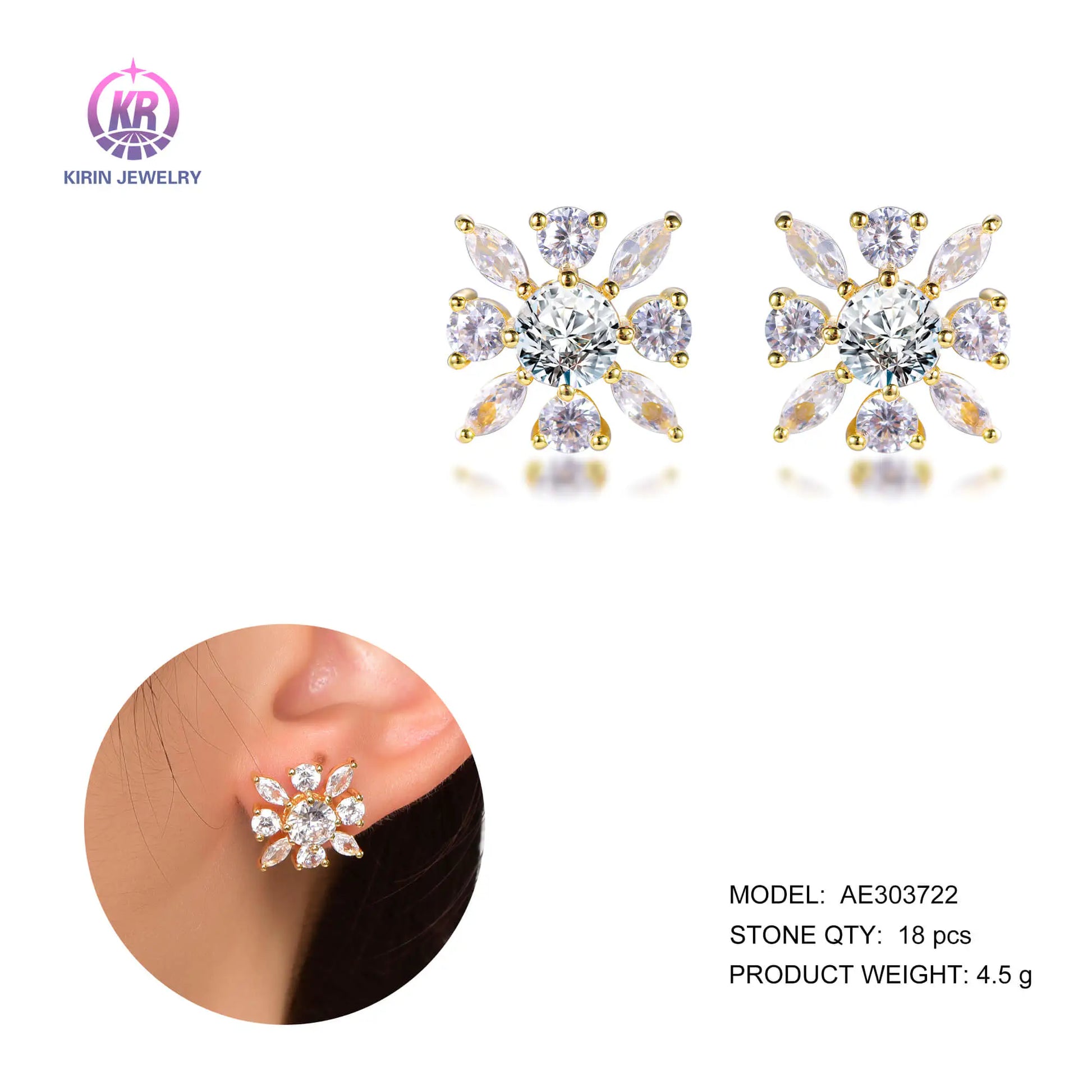 Gold Plated CZ Flower Stud Earrings for Women | Wholesale Jewelry Supplier