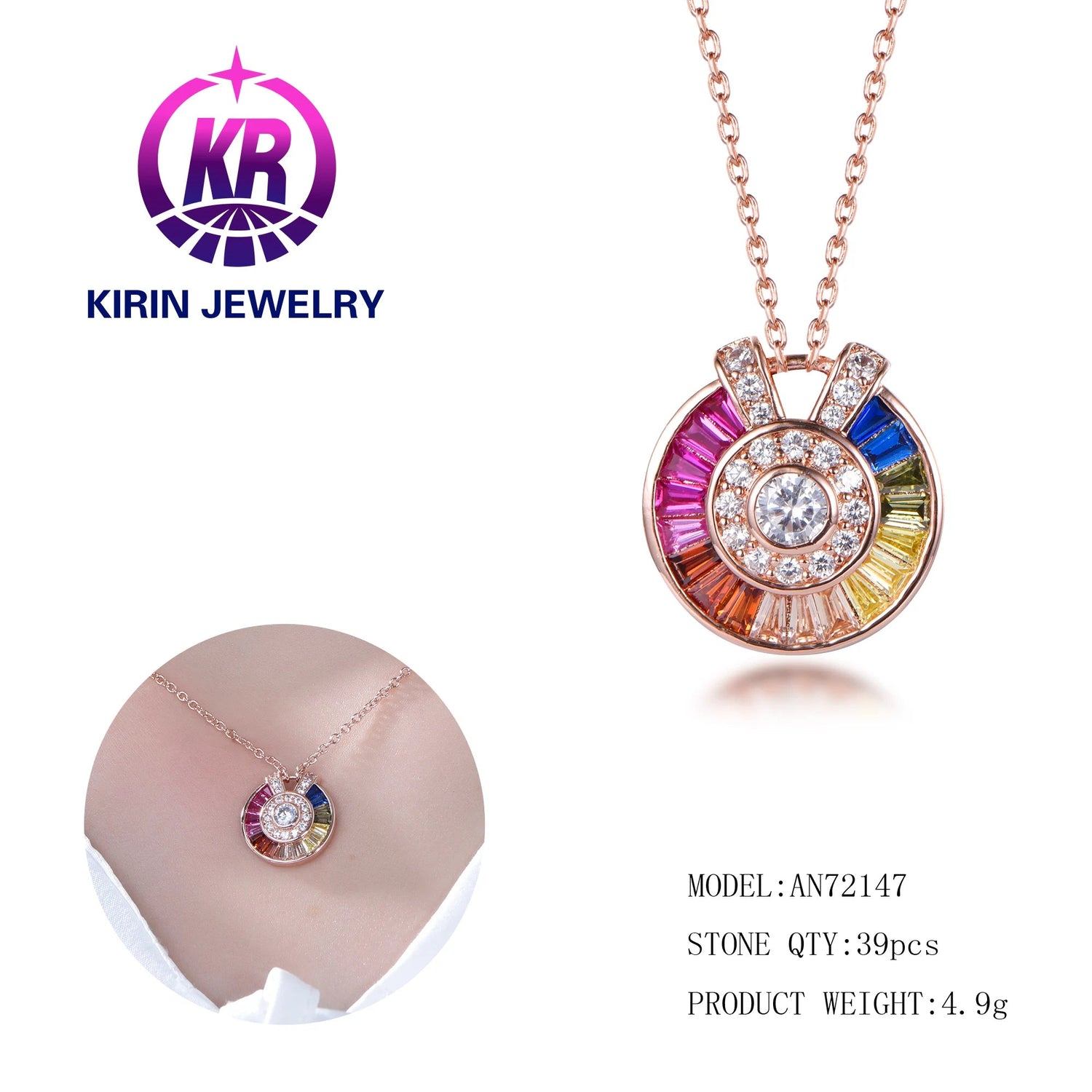 Gold Plated Paved Colorful Rainbow Stone Circle Pendant Sterling Silver Necklace for Women Dainty Choker Necklace Kirin Jewelry