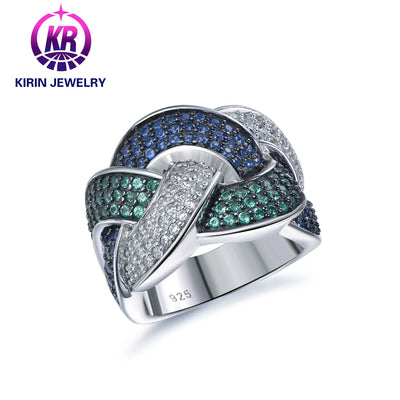 Hip Hop Fine Jewelry 925 Sterling Silver Blue Green Knot Diamond Ring Full Cubic Zircon Paved Rings Kirin Jewelry