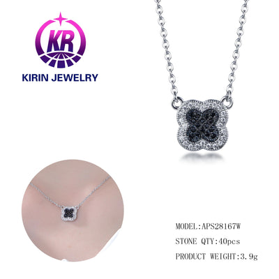 Hot sale pendant four-leaf clover necklace Rhodium & Black pendant Black Spinel & 3A White Cubic Zirconia collarbone chain Kirin Jewelry