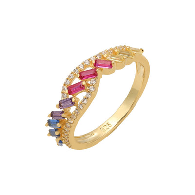 Kirin Jewelry Women 925 Sterling Silver Ring Gold Plated Ring Band Multi Color Stone Diamond Rainbow Ring Kirin Jewelry