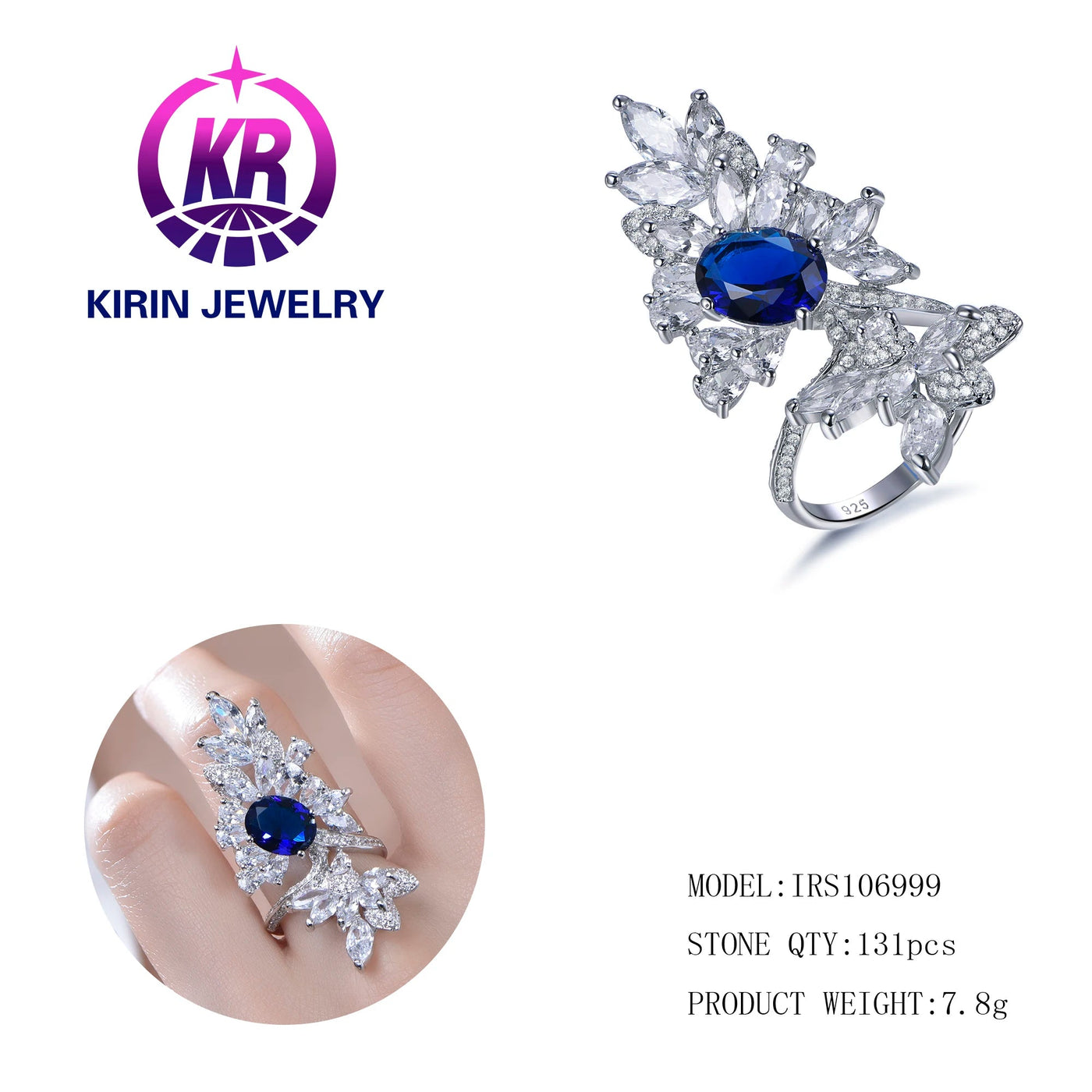 Ladies Diamond Leaf Blue Gem Ring Sparkling Crystal Water Diamond Leaf Opening 925 Sterling Silver Ring Kirin Jewelry