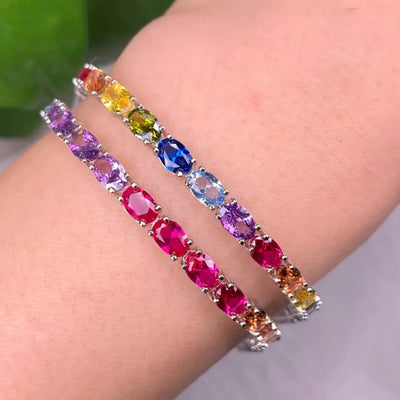 Oval Rainbow multi gems Tennis Bracelet for Women Men 925 Sterling Silver 5A CZ Crystal Diamond Bracelet Kirin Jewelry
