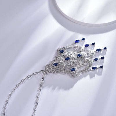 Pave cubic zirconia Dark Blue sapphire Chinese Knots Tassels Pendant 925 Sterling Silver Tassel Necklace Kirin Jewelry