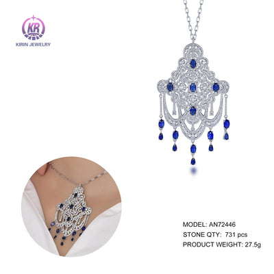 Pave cubic zirconia Dark Blue sapphire Chinese Knots Tassels Pendant 925 Sterling Silver Tassel Necklace Kirin Jewelry