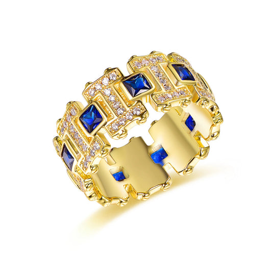 Sapphire Spinel & 3A White Cubic Zirconia Rings Adjustable Gold Plated 925 Sterling Silver Jewelry for Women Kirin Jewelry