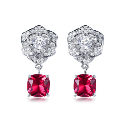 Sterling silver earrings 925 ruby red corundum flower earrings diamond drop earrings Kirin Jewelry