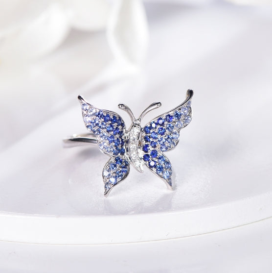 Wholesale 18K Gold Blue Crystal Statement Butterfly Gemstone Ring