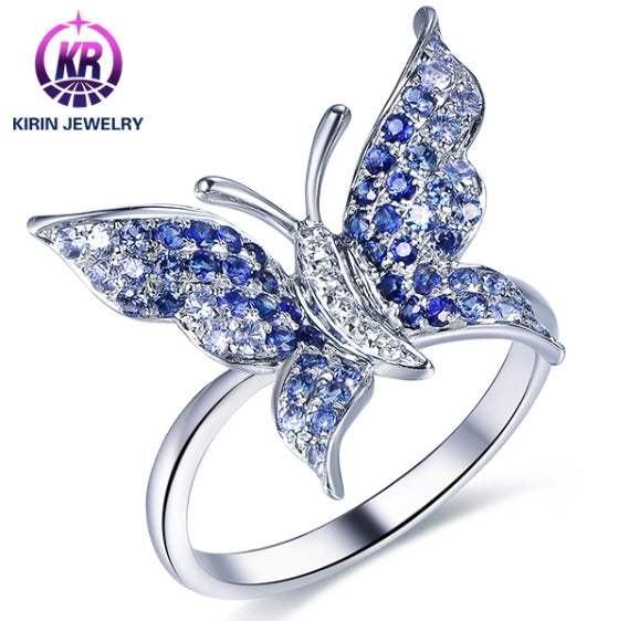 Wholesale 18K Gold Blue Crystal Statement Butterfly Gemstone Ring