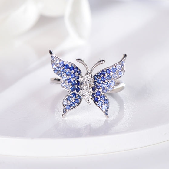 Wholesale 18K Gold Blue Crystal Statement Butterfly Gemstone Ring
