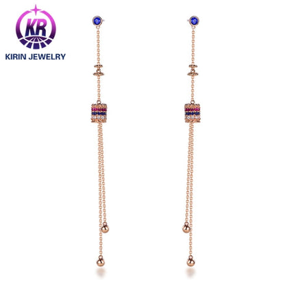 Wholesale 18K Gold Colorful Gemstone Long Tassel Dangle Stud Earrings